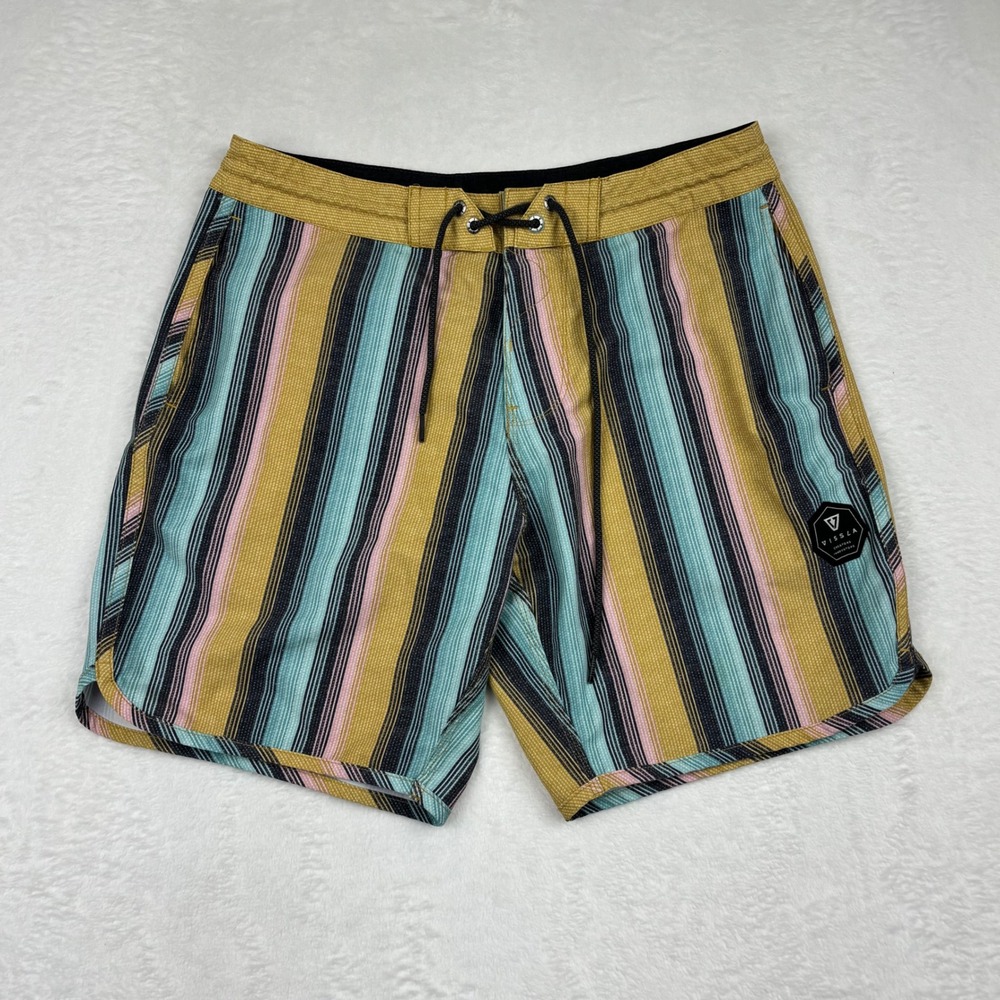Vissla Mens 31 Board Shorts Upcycle Coconut Stretch Striped Surf Trunks